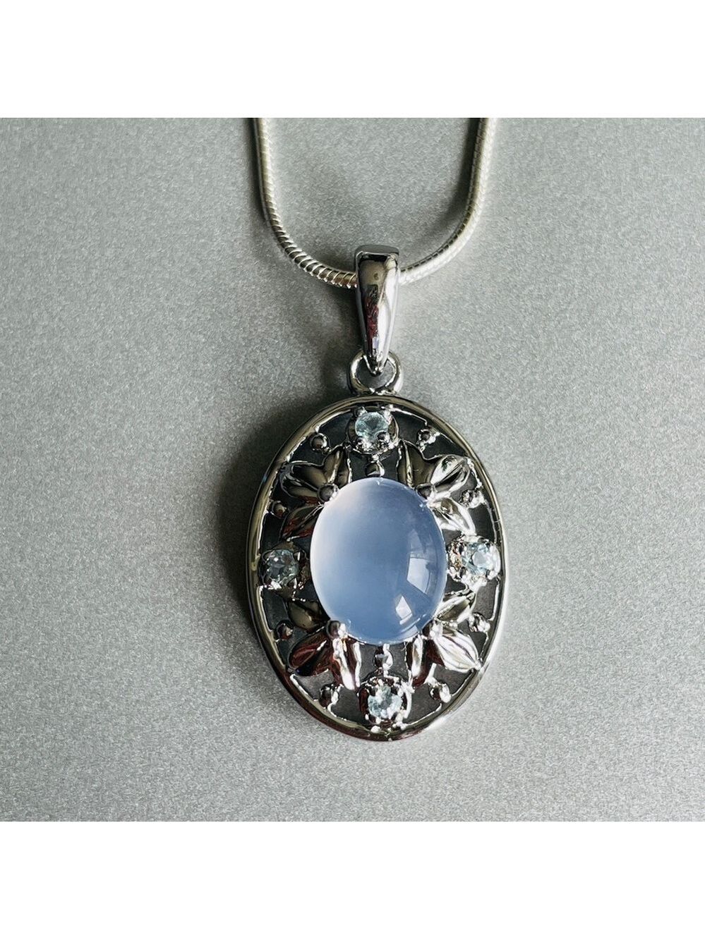 Blue Chalcedony W/ Sky Blue Topaz Sterling Silver Ornate Pendant Chain N…